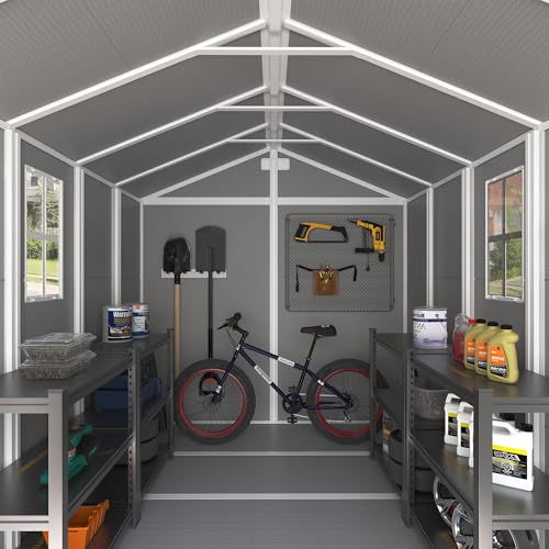 UDPATIO Outdoor Storage Shed 6 x 6 FT, Resin Garden Sheds with Floor Plastic Patio Outdoor Storage Shed with Lockable Door for Tool, Bike, Garbage Gray White