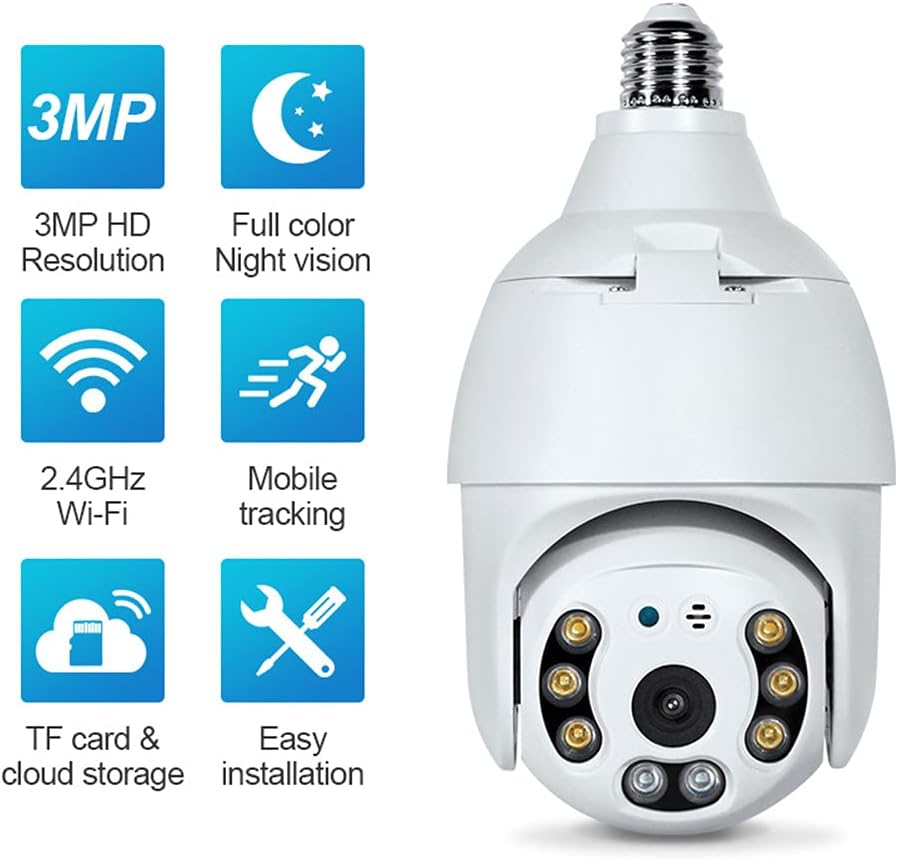 Eversecu 2K 3.0MP Wireless PTZ Security Camera with E27 Bulb Connector, Motion Auto Tracking, Two Way Audio, Night Vision, Tuya Smart Life WiFi IP PTZ CCTV Camera