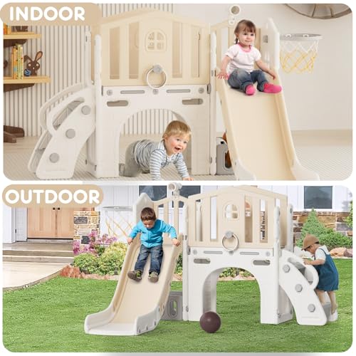 XJD 8 in 1 Toddler Slide, Kids Slide for Toddlers Age 1-3, Toddler Play Climber Slide Playset with Basketball Hoop and Ball,Toddlers Outdoor Indoor Playground (Blue)