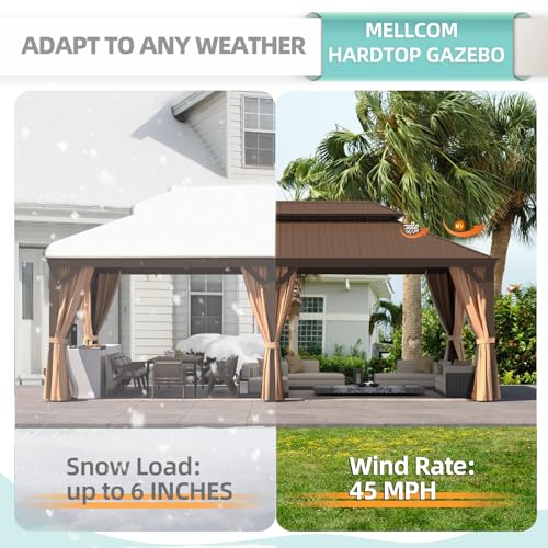MELLCOM 12'x16' Hardtop Gazebo, Galvanized Steel Metal Double Roof Canopy with Curtains and Netting, Brown Permanent Pavilion Gazebos with Aluminum Frame for Garden, Patio, Lawns, Deck