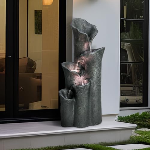 SKYFIRE 28.7”H Garden Fountain Indoor Outdoor Clearance with LED Lights&Pump – 5-Tier Cylindrical Cascading Floor Standing Outdoor Fountains, Pool Fountain for Garden,Patio,House, Office, Home Decor