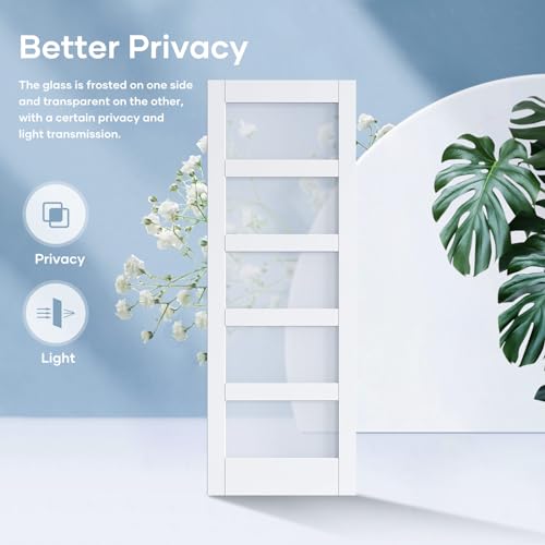 36x84 Inch Glass Sliding Barn Door Slab and 6.6ft Hardware Kit Included, 5 Frosted Glass, LVL Wood Panel Covered with White Water-Proof Scratch-Proof PVC Surface, Simple DIY Assembly