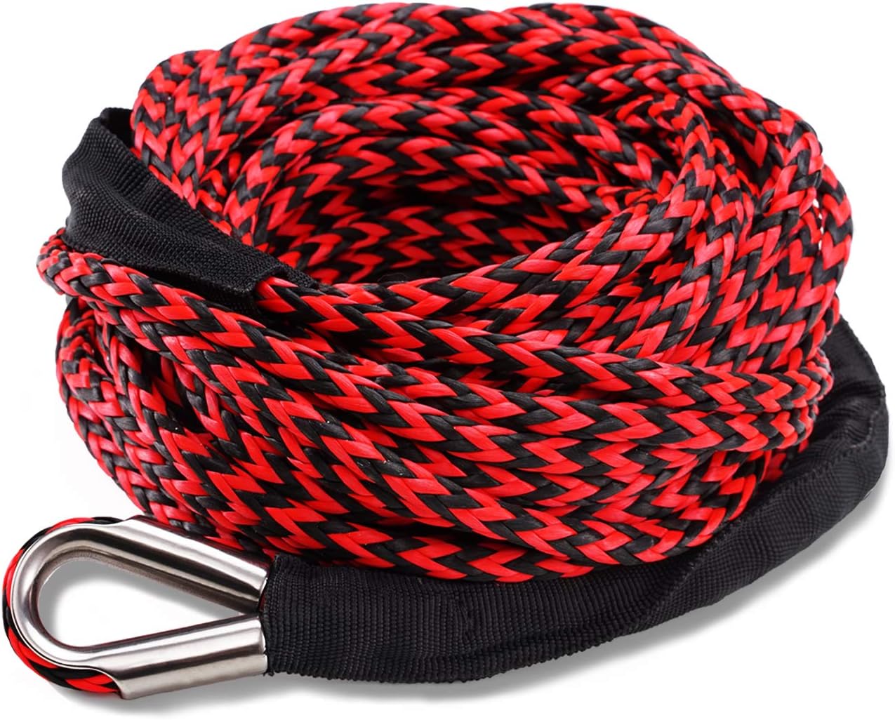 AZAMIA Synthetic Winch Rope, 3/8 x 95' 25000 LBs 12 Strands Red & Black Winch Line Cable Rope with Hook and Premium Black Protective Sleeve Universal Fits 4WD Off Road Vehicle ATV UTV SUV Truck Jeep