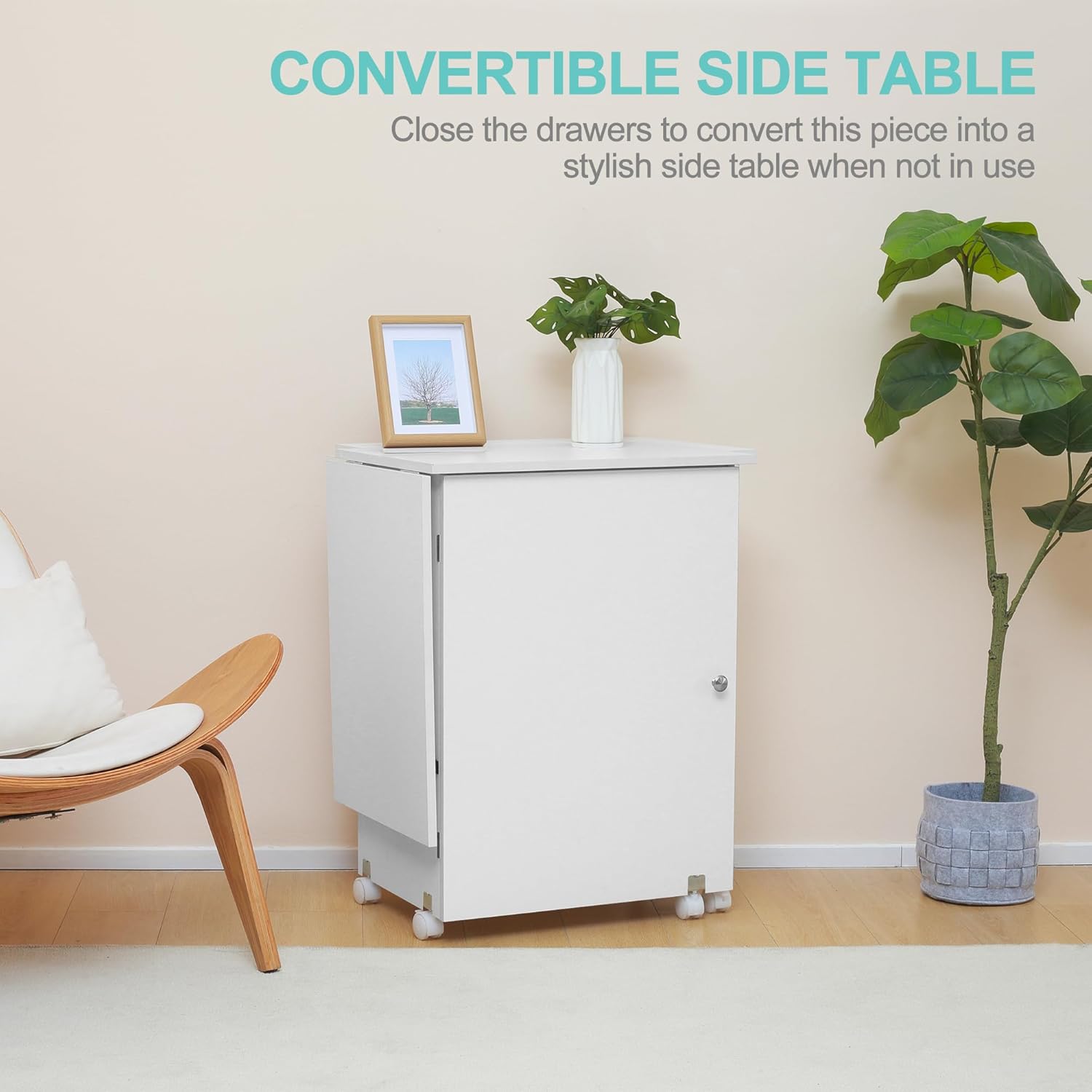 Folding Sewing Table Multipurpose Craft Station Desk Rolling Sewing Cabinet with 3 Storage Shelves Sewing Machine Cart with Lockable Casters (White)