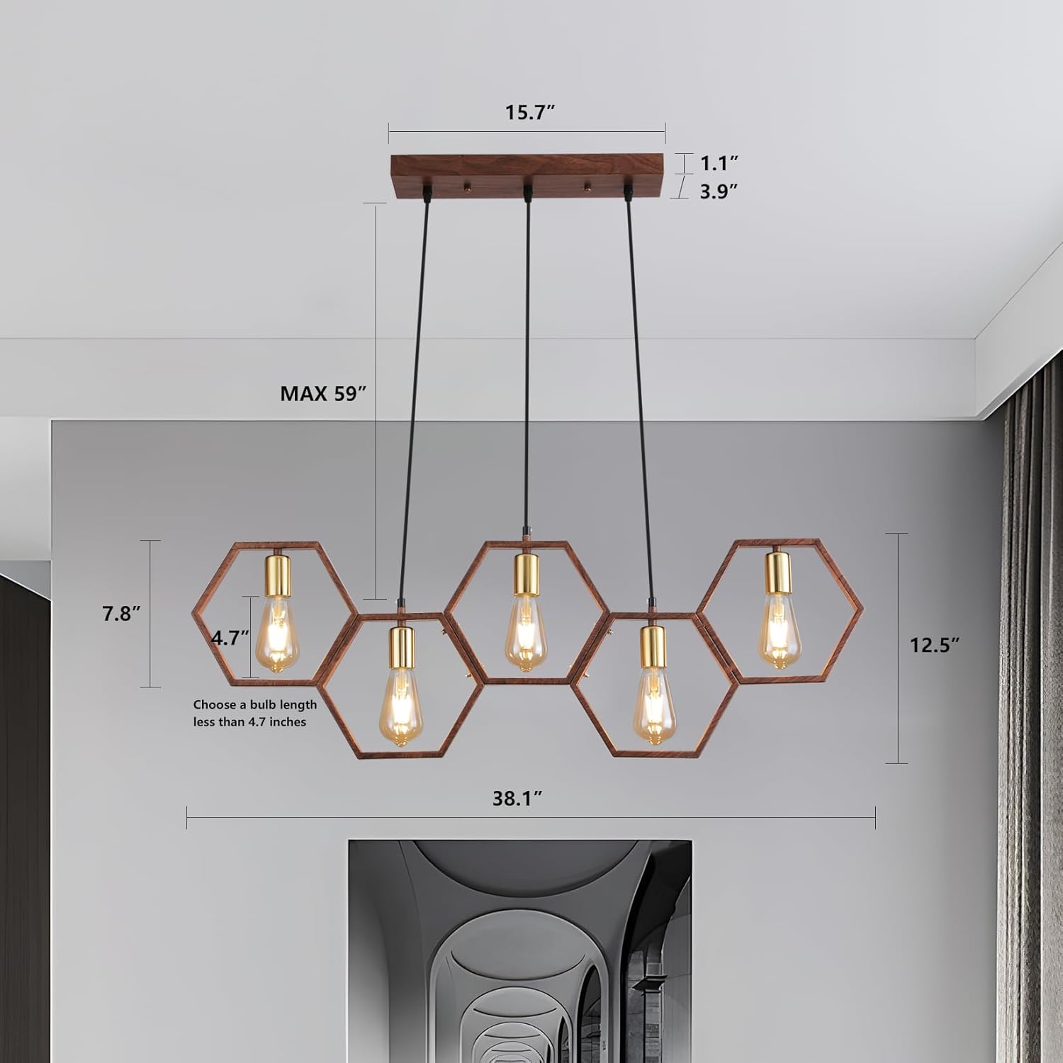 Dining Room Light Fixture Farmhouse Pendant Lights Kitchen Island Rustic Kitchen Light Fixtures 5 Lights Wood Color Black Metal Rectangular Chandelier Ceiling Hanging Lighting 38"
