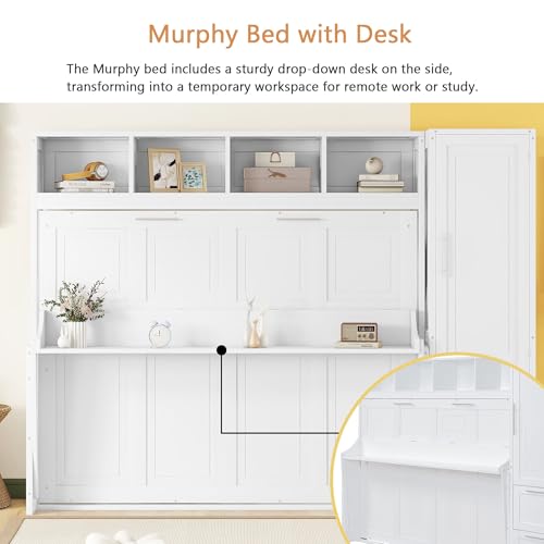 Linique Full Size Murphy Cabinet Storage Wall Bed with Closet and Drawers and Built-in Top Shelf,Hide a Bed on a Wardrobe Space Saving Design,Gray