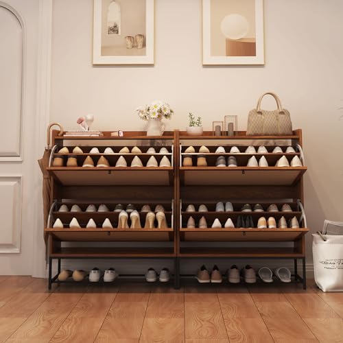 AVZEAR Shoe Cabinet, Shoe Cabinet Freestanding Tipping Bucket Shoe Rack Organizer with 3 Flip Drawers, Modern Entryway Narrow Shoe Rack for Entryway, Hallway, Bedroom (Natural)