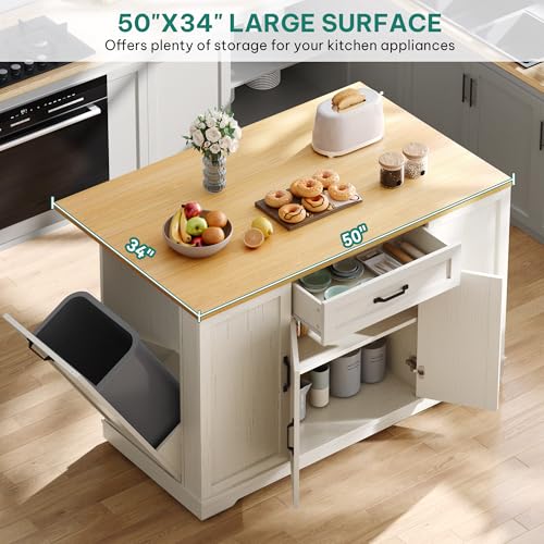 YITAHOME 50" Rolling Kitchen Island with Power Outlet & Drop Leaf, Mobile Storage Islands with Trash Can Cabinet, Microwave Rack Serving Cart on Wheels with Spice Rack, Retro White