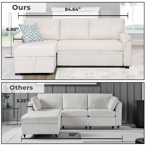 Naomi Home Jenny Sectional Sofa Sleeper with Storage Chaise, Tufted Pull Out Couch with Storage, L-Shaped Reversible Sleeper Sofa with Storage, Black,Air Leather
