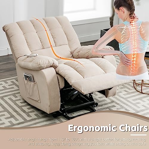 Velvet Recliner Chair, Electric Lift with Heat and Vibration for Living Room Massage, USB Port, Lazy Boy Chair Recliners Multi-Functional (Beige)