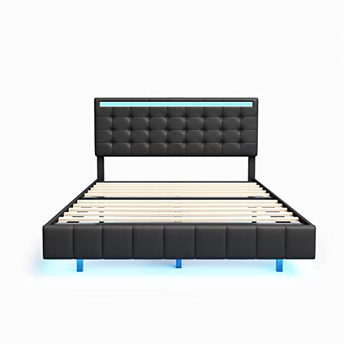 Queen Size Floating Bed Frame with LED Lights and USB Charging,Modern Upholstered Platform LED Bed Frame Queen led Bed Frame (Black)