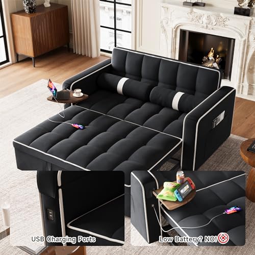 3 in 1 Sleeper Sofa Bed - Convertible Love Seat Couch with Side Table, Tufted Futon Sofa w/Pullout Bed, Adjustable Backrest, Cylinder Pillows, Small Sofa for Living Room, Apartment (Orange)