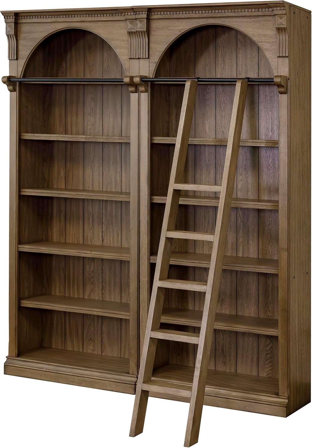 Martin Furniture Traditional 8' Tall Bookcase Wall with Ladder, Storage Organizer, Display Shelf Unit for Office, Living Room, Brown