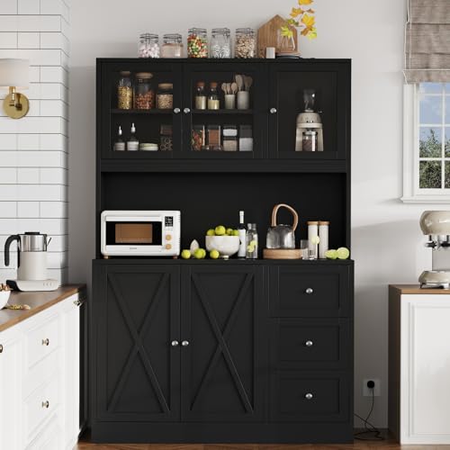 Irontar 70.9'' Kitchen Pantry Cabinet, Kitchen Hutch with Microwave Stand & Charging Station, Farmhouse Tall Storage Cabinet with Countertop, Bar Cabinet with Drawer and Glass Doors, Natural CWG011ME