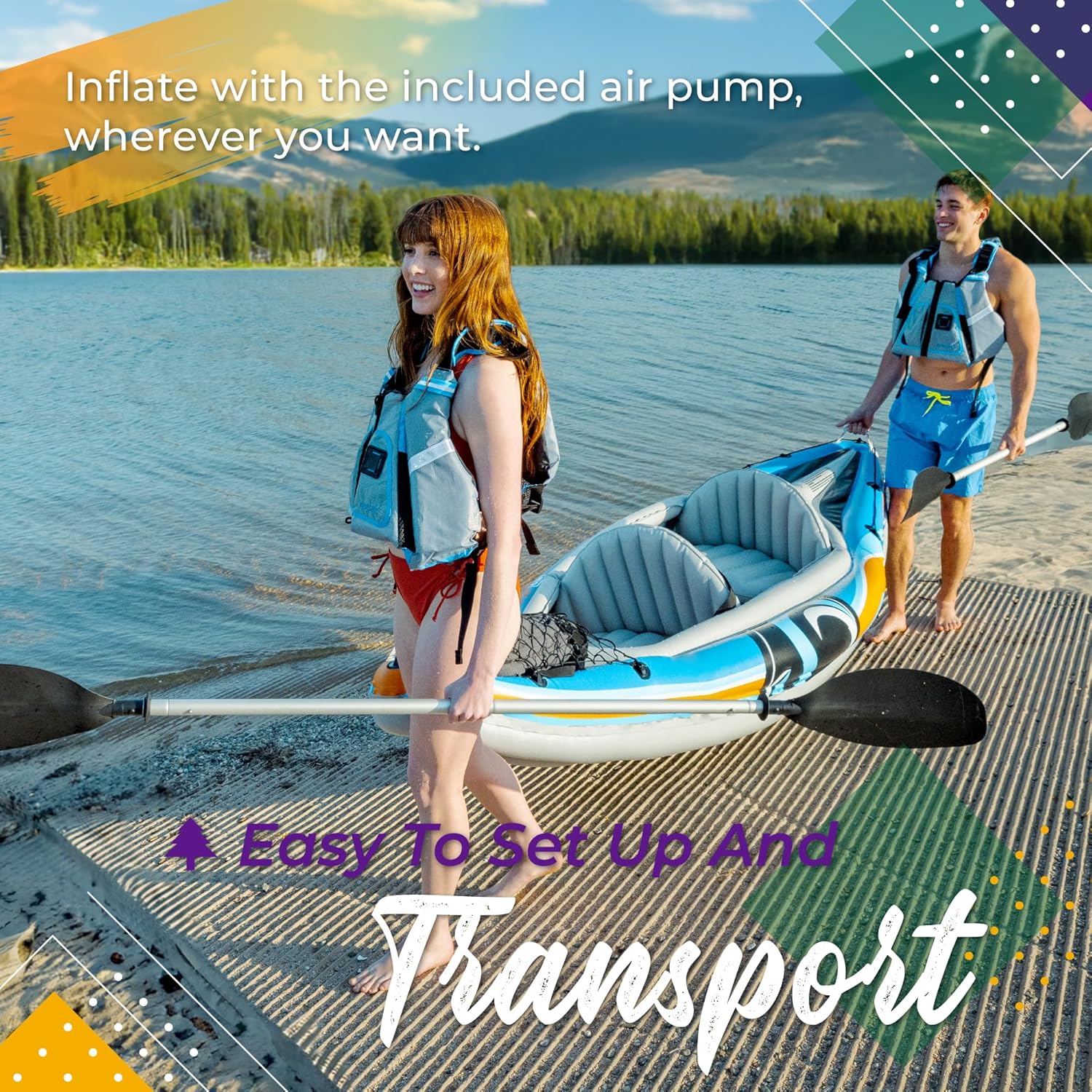 Sunlite Sports 2-Person Inflatable Kayak with Aluminum Oars (136" x 33"), High Output Air Pump and Storage Bag, Double Tandem Kayak for Adults, Two Person Canoe and Kayack, S2 Chesapeake