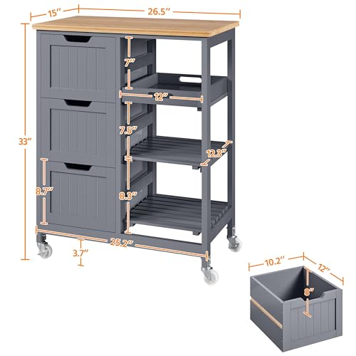 Yaheetech Kitchen Island Cart on Wheels with Bamboo Countertop, Rolling Serving Utility Trolley Cart with 3 Drawers, 3 Removable Shelves & Lockable Casters, Storage Cabinet for Dining Room, Bar, White