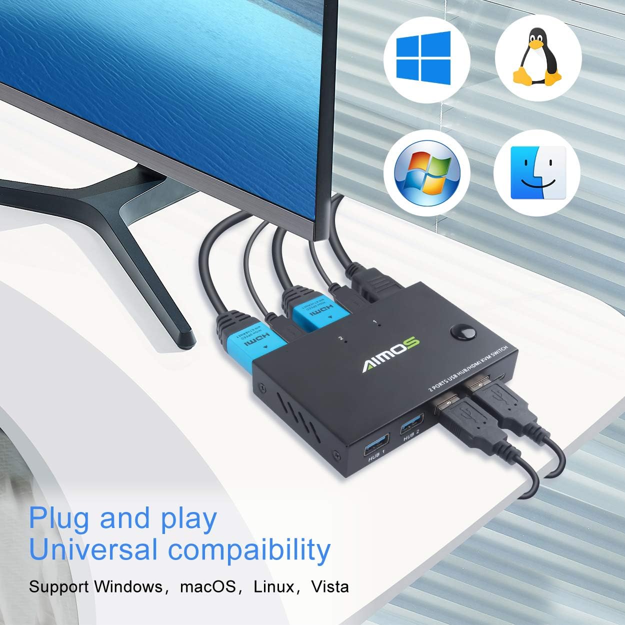 KVM Switch HDMI 2 Port Box, AIMOS USB and HDMI Switches 4 USB Hub, UHD 4K@30Hz, for 2 Computers Share Keyboard Mouse and one HD Monitor, with 2 HDMI Cables and 2 USB Cables