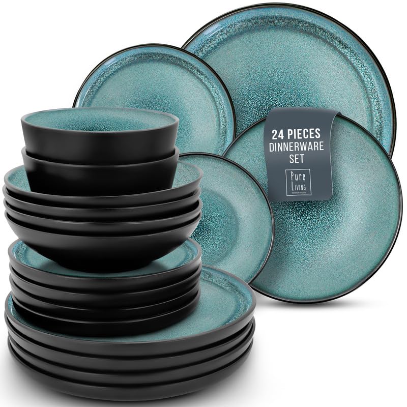 24 Piece Dinnerware Sets for 8 - Modern Style Stoneware Dinnerware Set - Microwave Safe Dinner Plates and Bowls Sets for 8, Ceramic Dish Set, Bowl and Plate Sets for 8, Beige Light Blue Set for 8