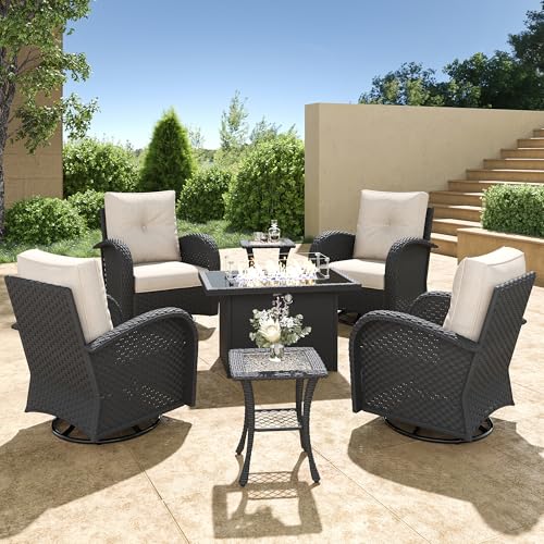 5 Pieces Wicker Patio Furniture Set, Luxury Outdoor Conversation Set with High Back Swivel Rocker Chairs