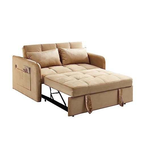 Convertible Sleeper Sofa Chair 3 in 1 Pull-Out Bed, Velvet Loveseat Twins SofaBed for Living Room, Bedroom, Balcony, RV, A-Khaki