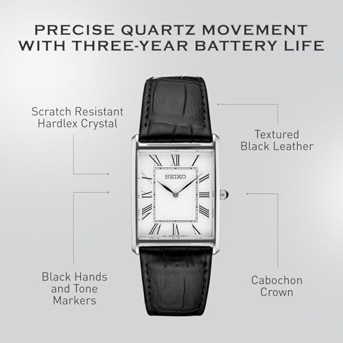 SEIKO Essentials Watch for Men - Essentials - Water Resistant with Stainless Steel Rectangular Case and Leather Strap