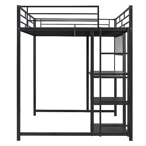 Merax Full Size Mental Loft Bed Frame with Desk and Whiteboard,3 Shelves and Ladder for Bedroom for Boys Girls Adult,Black