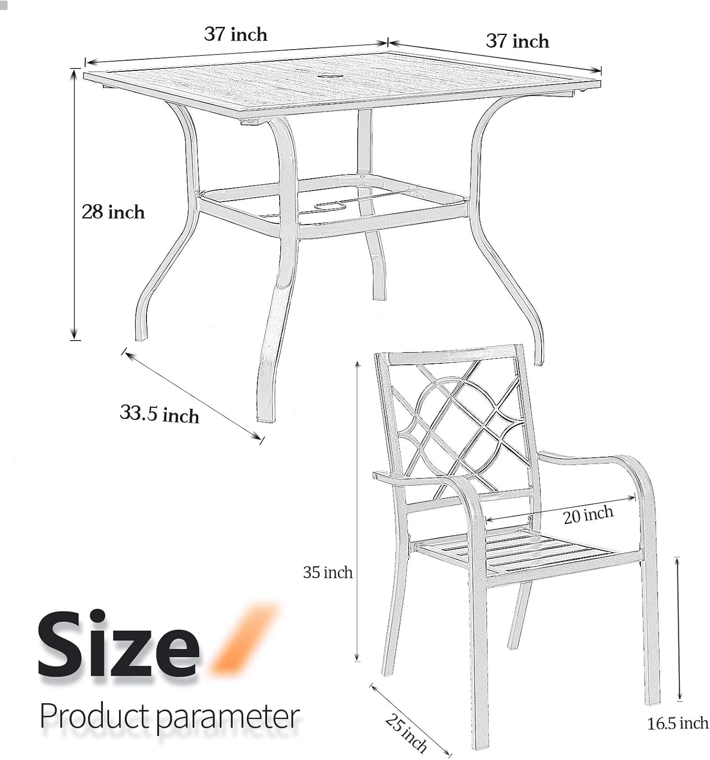 SUNCROWN 5-Piece Outdoor Wrought Iron Chairs and Table Patio Dining Furniture Set - 4 Stackable Metal Chairs and 1 Square Steel Slat Bistro Table with 1.57" Umbrella Hole for Backyard Garden Deck