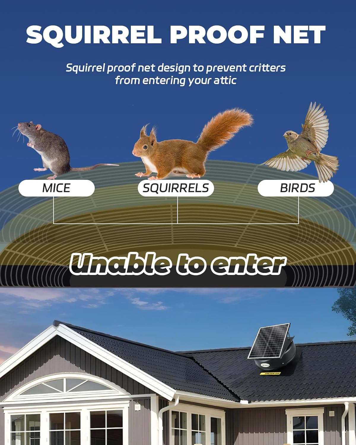 Hybrid Solar Attic Fan with Remote Control 40 Watt Solar Powered Attic Fan, 880-1470 CFM Roof Exhaust Fan, 5-leaf Aluminum Alloy Fan
