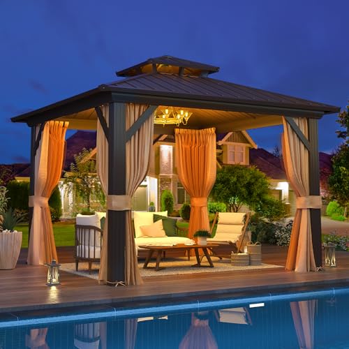 EROMMY 14'x20' Hardtop Gazebo Double Roof Galvanized Steel Canopy Outdoor Aluminum Frame Permanent Metal Pavilion with Netting and Curtains for Patio Backyard Deck and Lawns