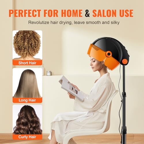 VEVOR Hooded Hair Dryer with Variable Speed & Temperature Adjustment, 1875W Ionic Bonnet Hair Dryer, Sit Under Hair Dryer with Timer, Standing Hair Dryer for Beauty Salon Home Spa