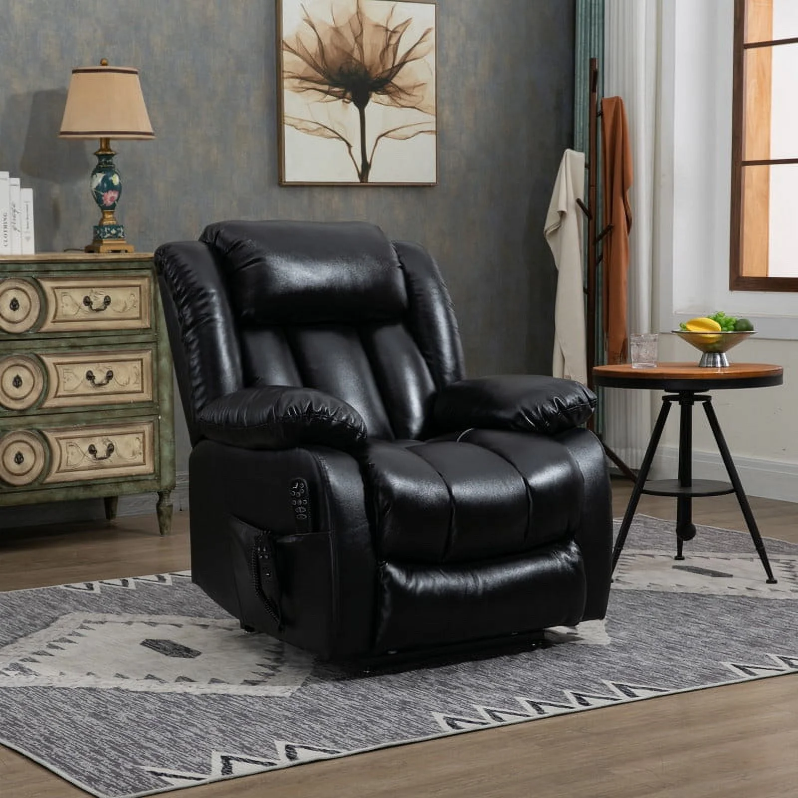Oversized Dual Motor Lay Flat Power Lift Recliner Chairs for Elderly Adults,Black Leather Electric Recliners Chair with 8-Point Vibration Massage Lumbar Heating,2 Side Pocket,23" Seat Width