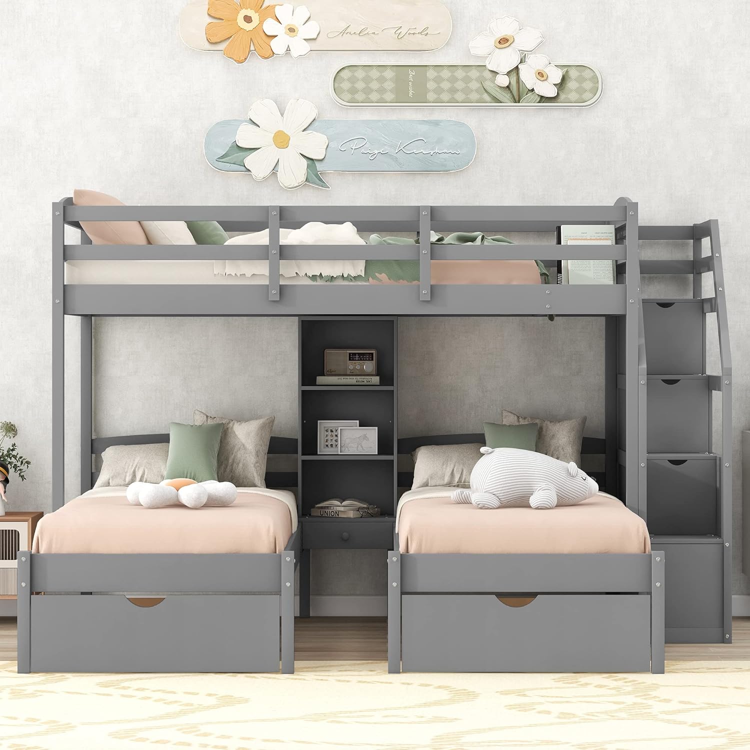 Twin over Twin&Twin Bunk Bed, Triple Bunk Bed with Drawers, Staircase with Storage, Built-in Shelves, Gray