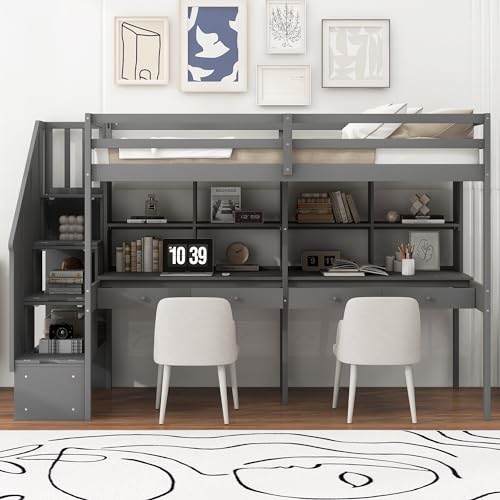 Full Size Loft Bed with A Desk, Wardrobe and Three Storage Drawers, Open Storage Cabinet, 64.9''H Wood Loft Bed Frame with Wood Slats Support, Space-Saving Design (Gray * Full,256)