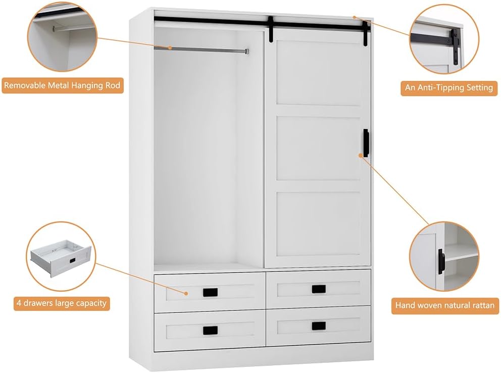 Solid Wood Armoire Wardrobe Closet, Large Wardrobe Cabinet with Sliding Barn Door, 4 Drawers, 3 Adjustable Shelves & Hanging Rod, Freestanding Wooden Closet for Bedroom, 47.3"W x 70.9" H x 20.5"D