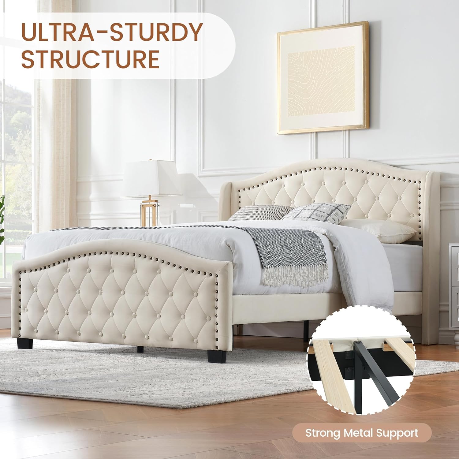 GAOMON Queen Size Upholstered Platform Bed Frame with Tall Headboard, Luxurious Velvet Button Tufted and Nailhead Trim Wingback, Arched Footboard, No Box Spring Needed, Beige