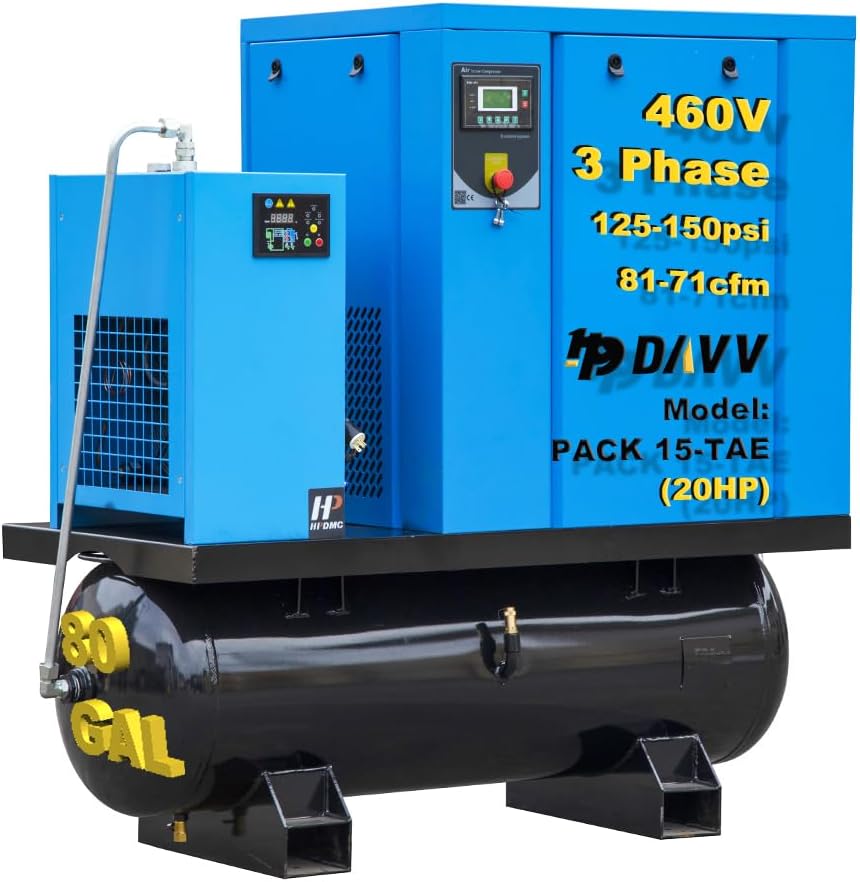 460V 3-Phase Total Rotary Screw Air Compressor with ASME Tank & Refrigerated Dryer - 20HP/15KW - 81CFM/125PSI - 80 Gallon ASME Tank Industrial Air Compressed System Base Mounted Pack15-TA