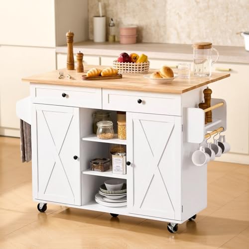VEVOR Kitchen Island Cart with Solid Wood Top, 35.4" Width Mobile Carts with Storage Cabinet, Rolling Kitchen Table with Spice Rack, Towel Rack, and Drawer, Portable Islands on Wheels, White