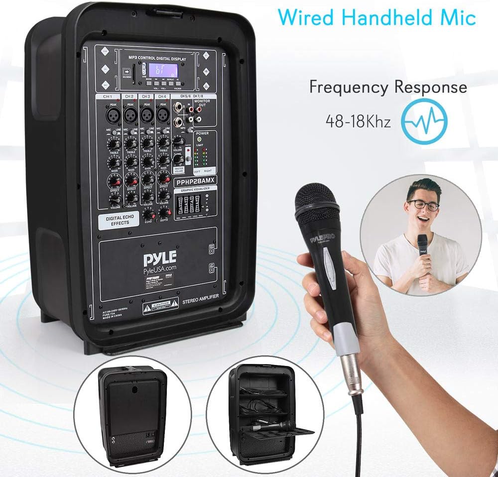 PA Speaker DJ Mixer Bundle - 300 W Portable Wireless Bluetooth Sound System w/ USB SD XLR 1/4 RCA Inputs - Dual Speaker, Mixer, Microphone, Stand, Cable - Home/Outdoor Party - Pyle PPHP28AMX,Black