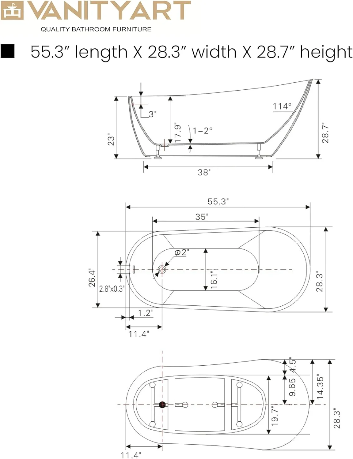 Vanity Art 55'' x 28'' Freestanding Bathtub Acrylic Soaking