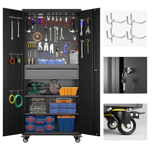 73" H Metal Storage Cabinet with Wheels, Garage Storage Cabinet with 4 Adjustable Shelves and Lockable Doors for Garage Home Office Utility Room,Required Assembly,Black
