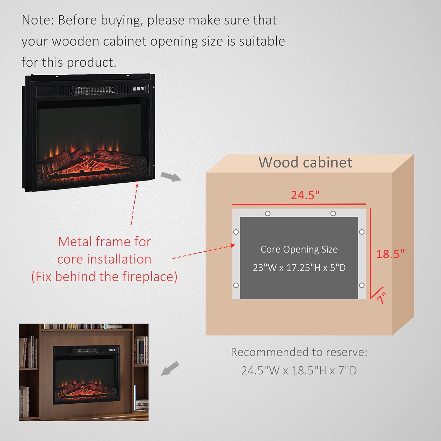 HOMCOM 23" Electric Fireplace Insert for Wooden Cabinet or Mantle Frame, Recessed Fireplace Heater with Realistic Log Flames, and Adjustable Brightness, 1400W, Black
