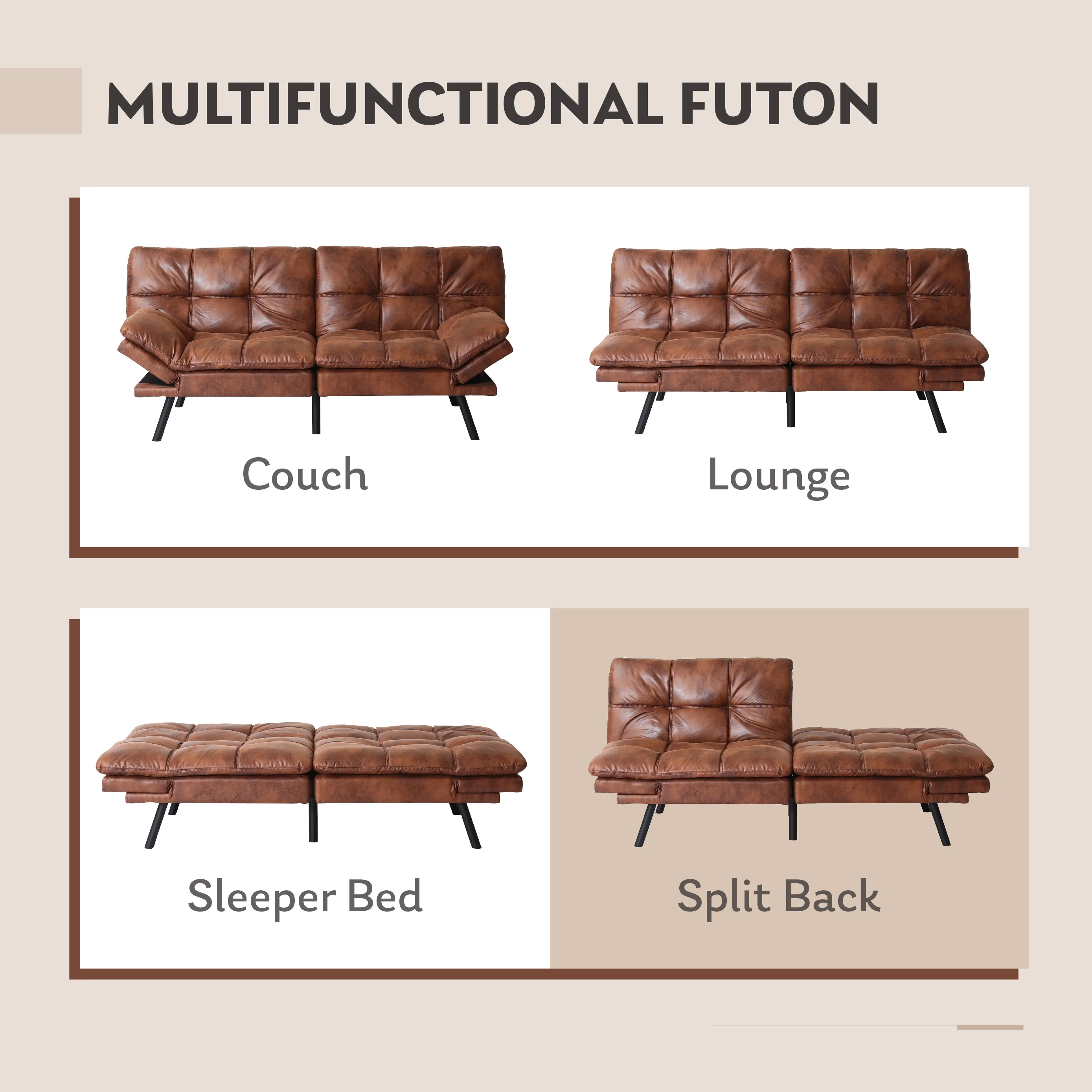 MLILY Convertible Futon Sofa Bed, Sleeper Sofa with Adjustable Armrest, Memory Foam Futon Couch, Brown