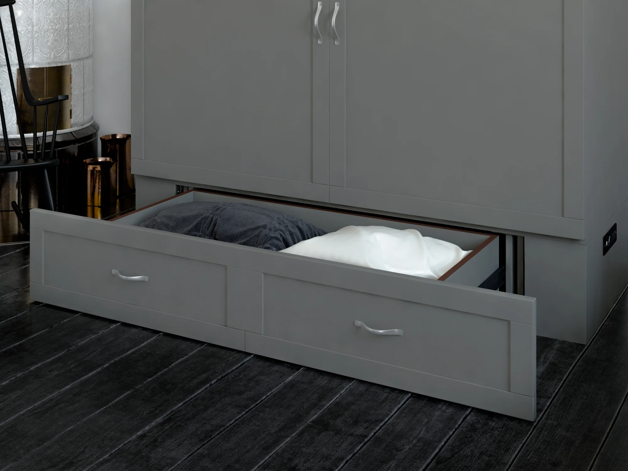 AFI Hamilton Queen Solid Wood Murphy Bed Chest with Mattress, Drawer and Charger in Gray
