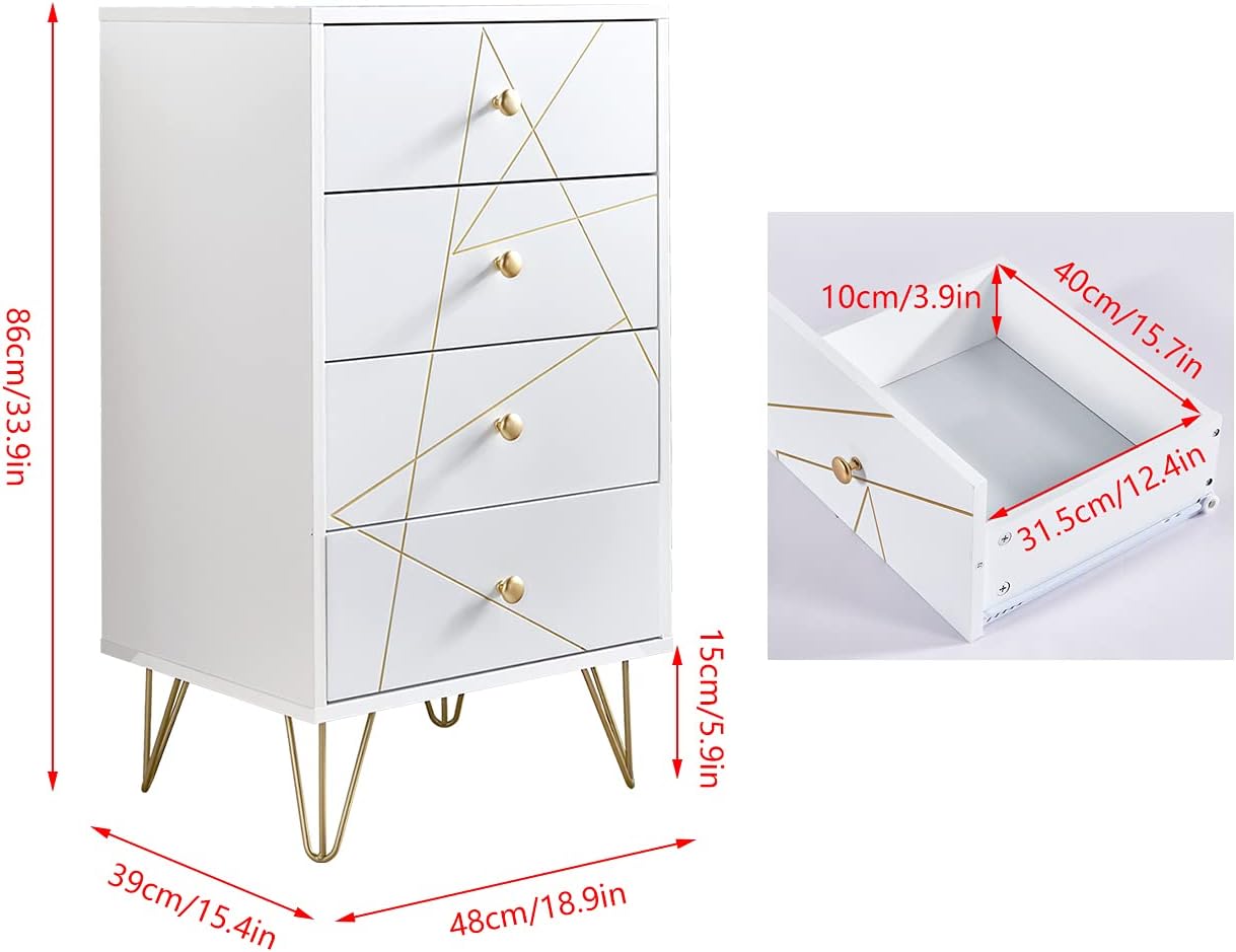 White Wood Chest of Drawer, 4 Drawer Storage Cabinet with Unique Golden Groove Front, Floor Cupboard Sideboard Organizer for Living Room Bedroom Home Furniture, Tall Dresser Chest Tower