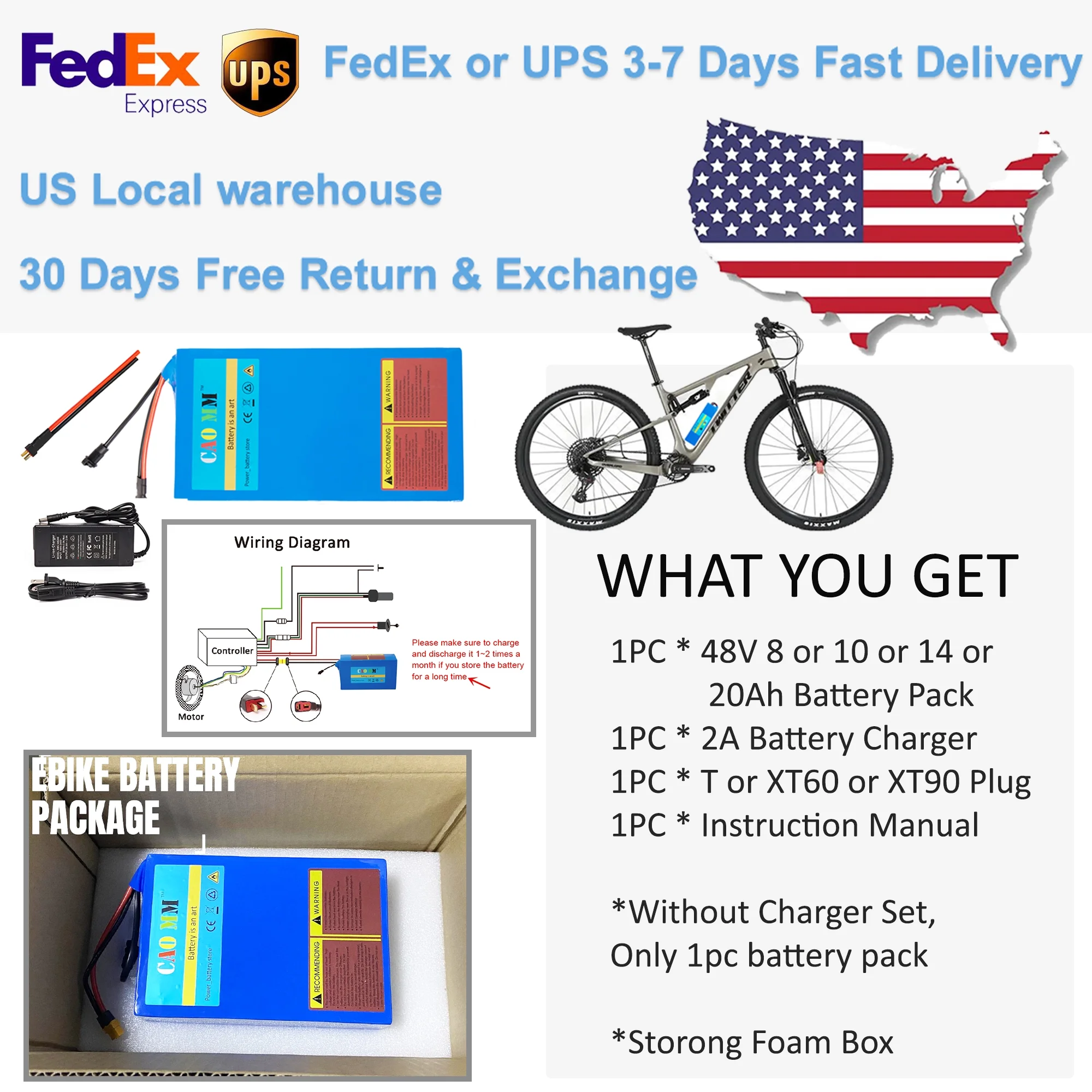 Ebike Battery 48V 8Ah Lithium Battery 30A BMS with Charger 48V Battery for 750W Electric Bike Motorcycle