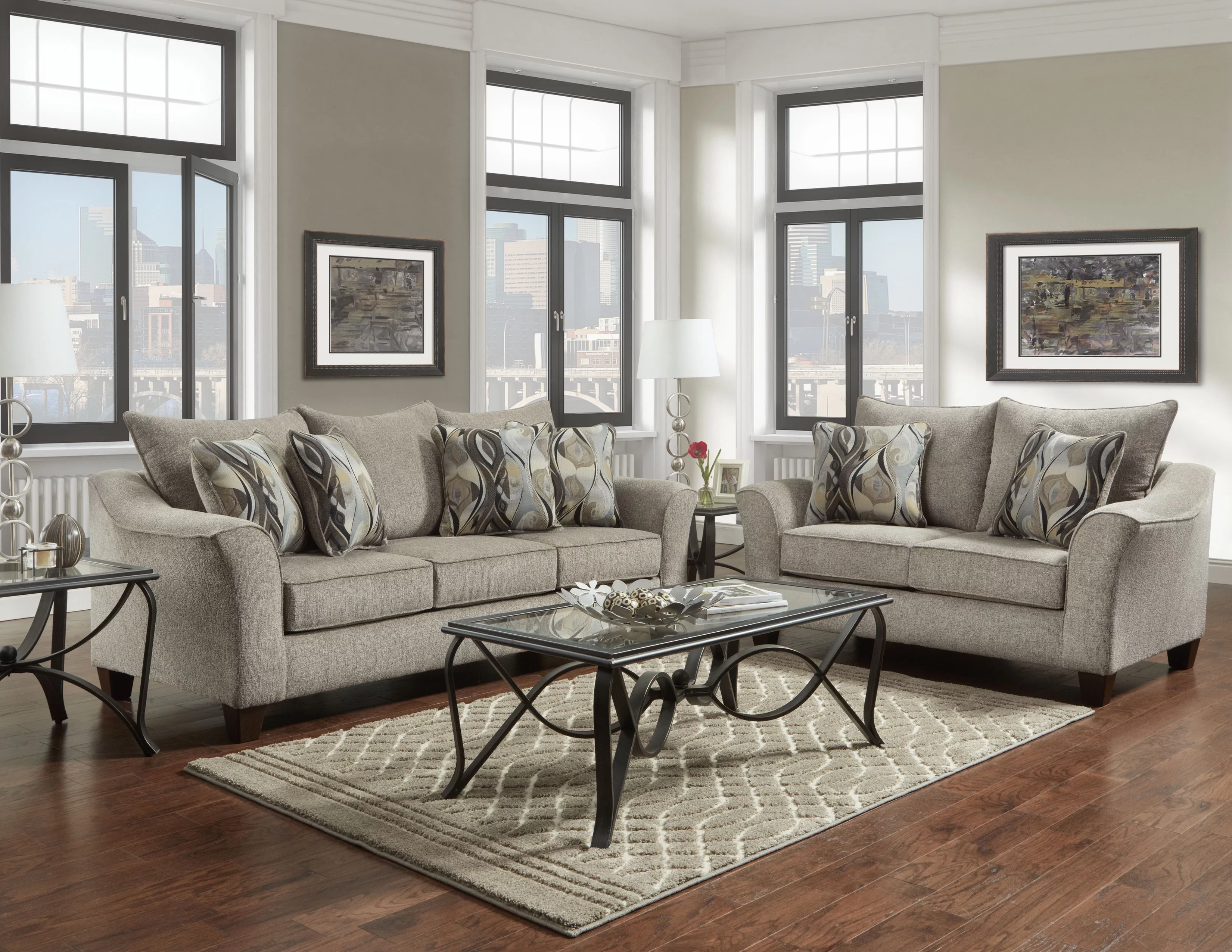 Roundhill Furniture Camero Pillowback Sofa and Loveseat Set, Fabric, Platinum