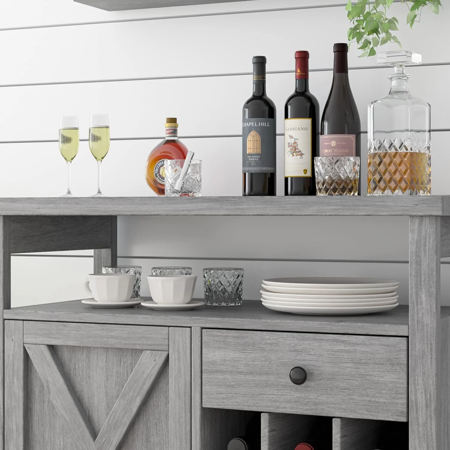 Farmhouse Coffee Bar Cabinet with Storage, Kitchen Buffet Storage Cabinet with Drawer, Wine Bar Cabinet with Barn Door, Gray Coffee Bar Table with Open Shelf for Dining Living Room