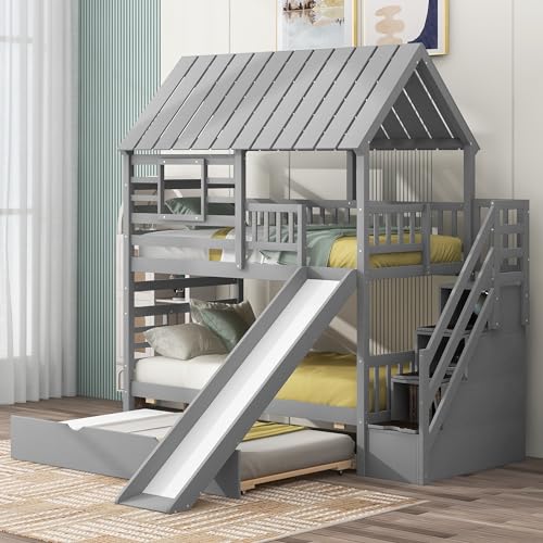 MERITLINE House Bunk Beds Twin Over Twin with Slide, Twin Bunk Bed with Storage Stairs and Trundle, Wood Kids Bunk Bed with Roof and Window Design for Girls, Boys,White