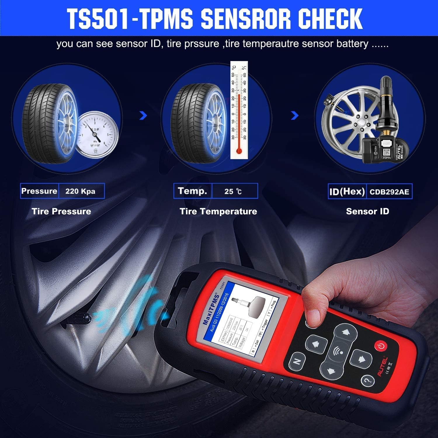 Autel MaxiTPMS TS501 TPMS Relearn Tool Automotive Scan Tool, 2022 Upgraded Ver. of TS401/ TS408, Activate & Relearn All Brands TPMS Sensors, Program MX-Sensors [315/433MHz], Read/Clear TPMS DTCs