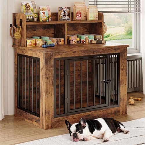 IRONCK Extra Large Dog Crate Furniture, 43.3 inches Wooden Dog Crate with Storage and 4 Hooks, Heavy Duty Pet Crate for Large Dog, Decorative Pet Cage for Indoor (30" L x 43.3" W x 41.1" H)
